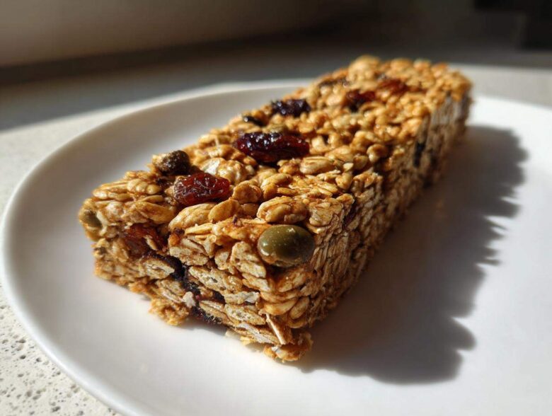 A single, rectangular no bake granola bars made with oats, visible dried cranberries, and pumpkin seeds, sitting on a white plate.