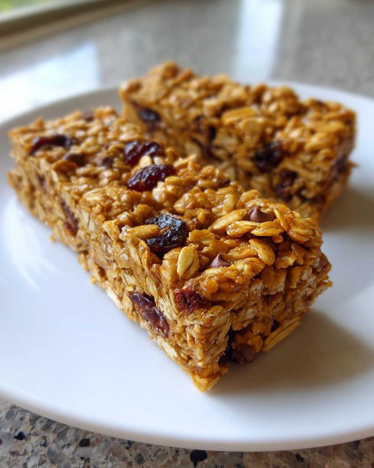 Two thick, chewy no bake granola bars packed with oats, dried cranberries, and seeds, resting on a white plate.