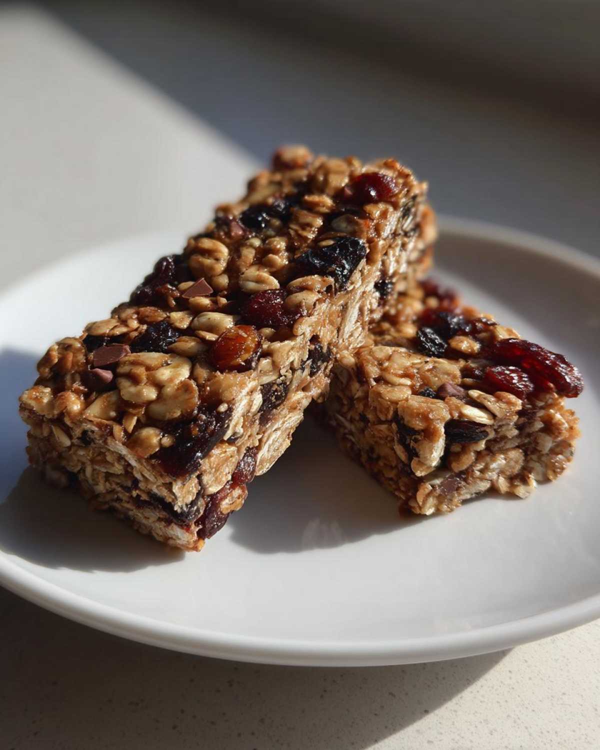 Close-up of two dense no bake granola bars packed with oats, dried fruit, and chocolate chips on a white plate.
