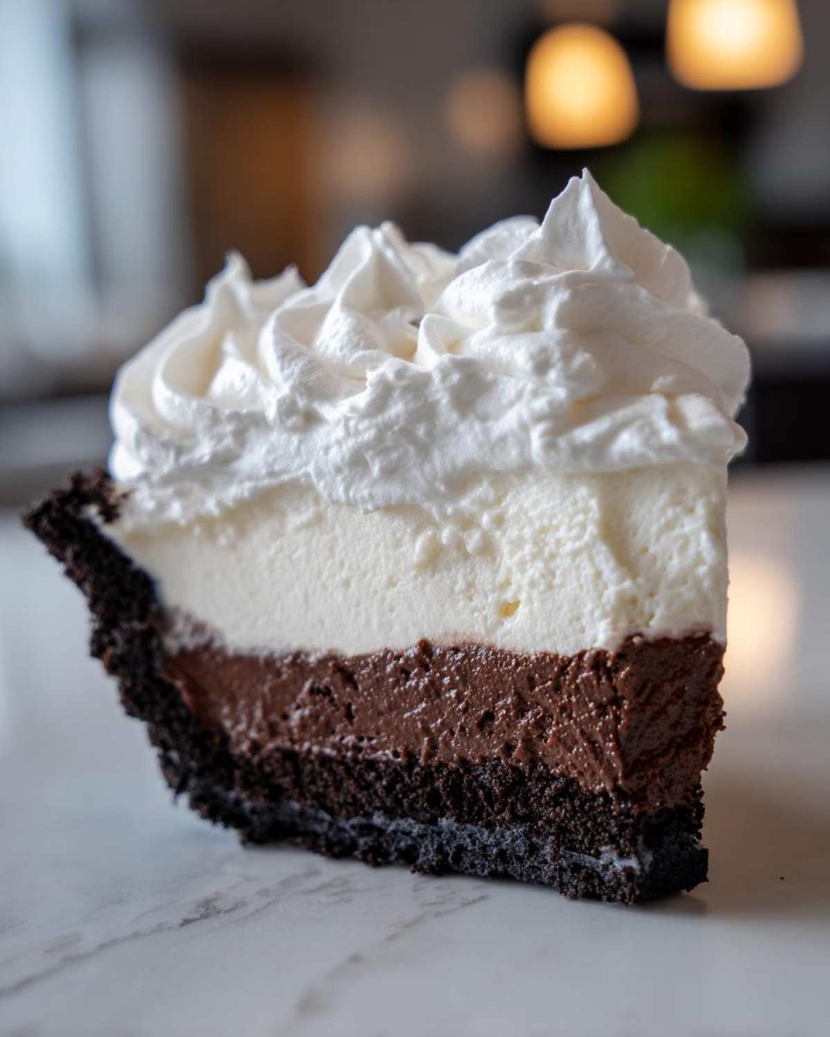Close-up of a slice of no-bake ice cream pie showing a dark crust, chocolate layer, vanilla layer, and whipped cream topping.