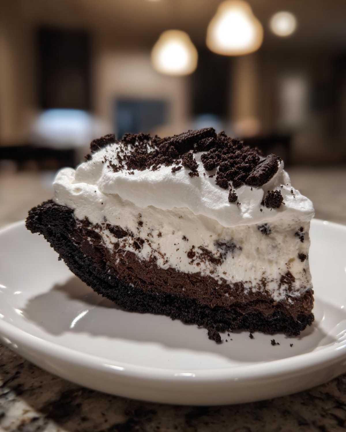 A tall slice of no-bake ice cream pie featuring a dark crust, chocolate, vanilla layers, and whipped cream topping.