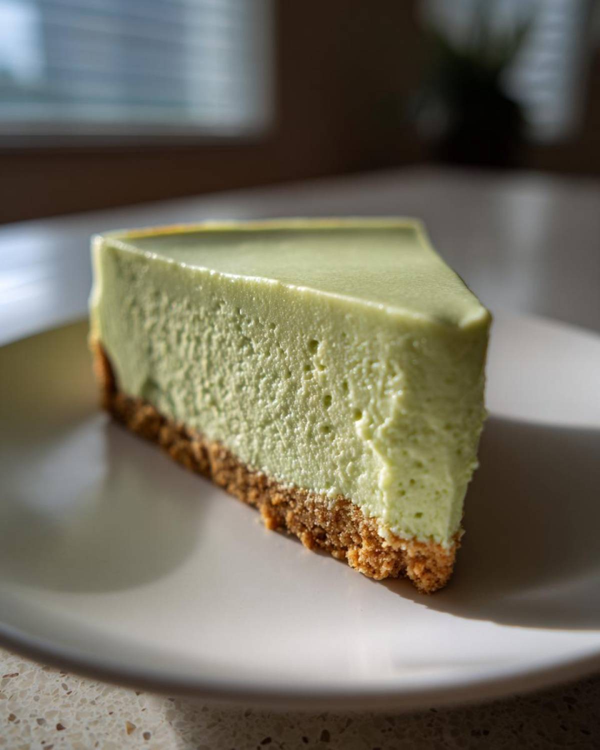 A perfect slice of pale green, creamy no-bake key lime cheesecake with a graham cracker crust on a white plate.