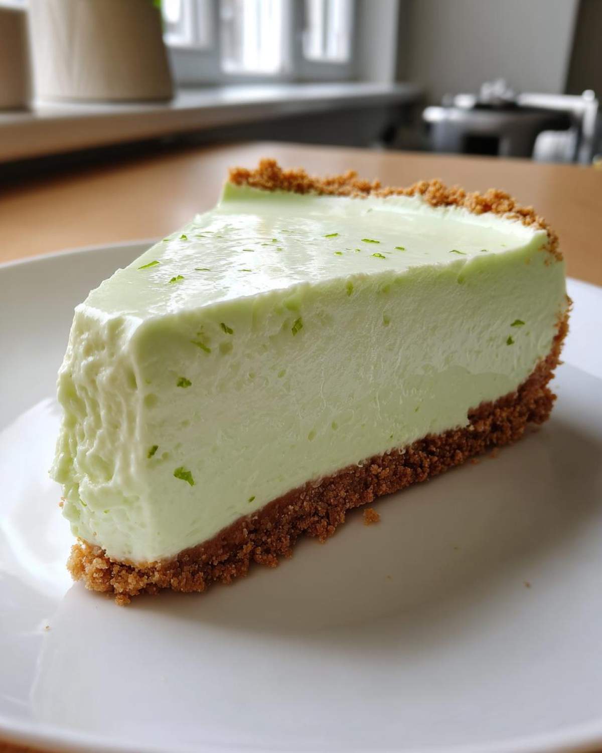 A thick slice of creamy, light green no-bake key lime cheesecake with a visible graham cracker crust, garnished with lime zest.