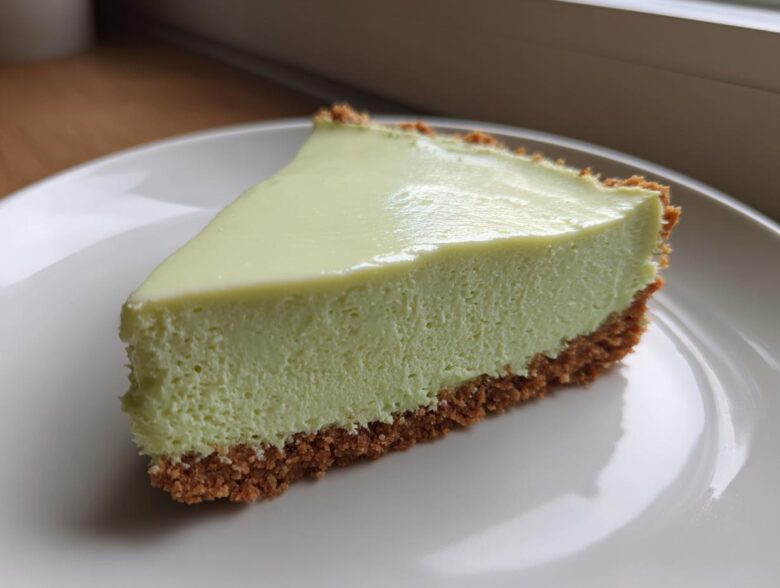 A close-up of a creamy, pale green slice of no-bake key lime cheesecake with a thick graham cracker crust.