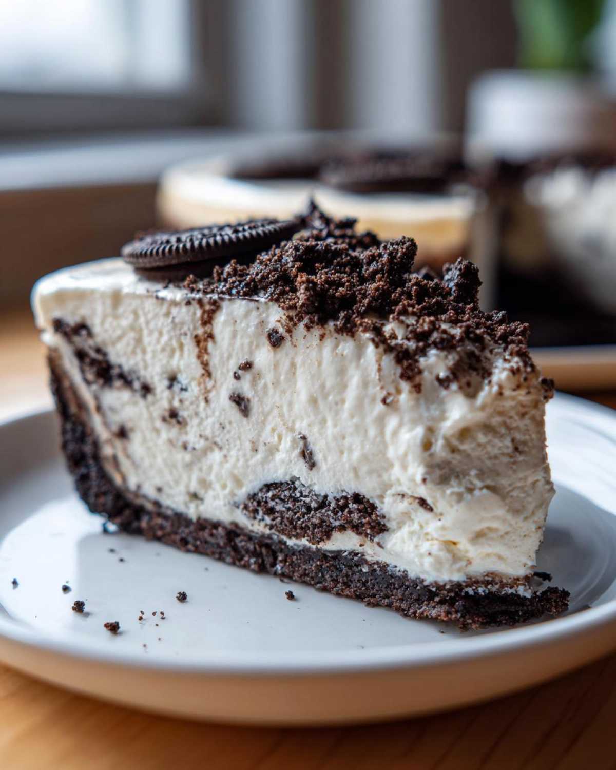 A close-up of a decadent slice of no-bake Oreo cheesecake with a thick Oreo crust and creamy filling.