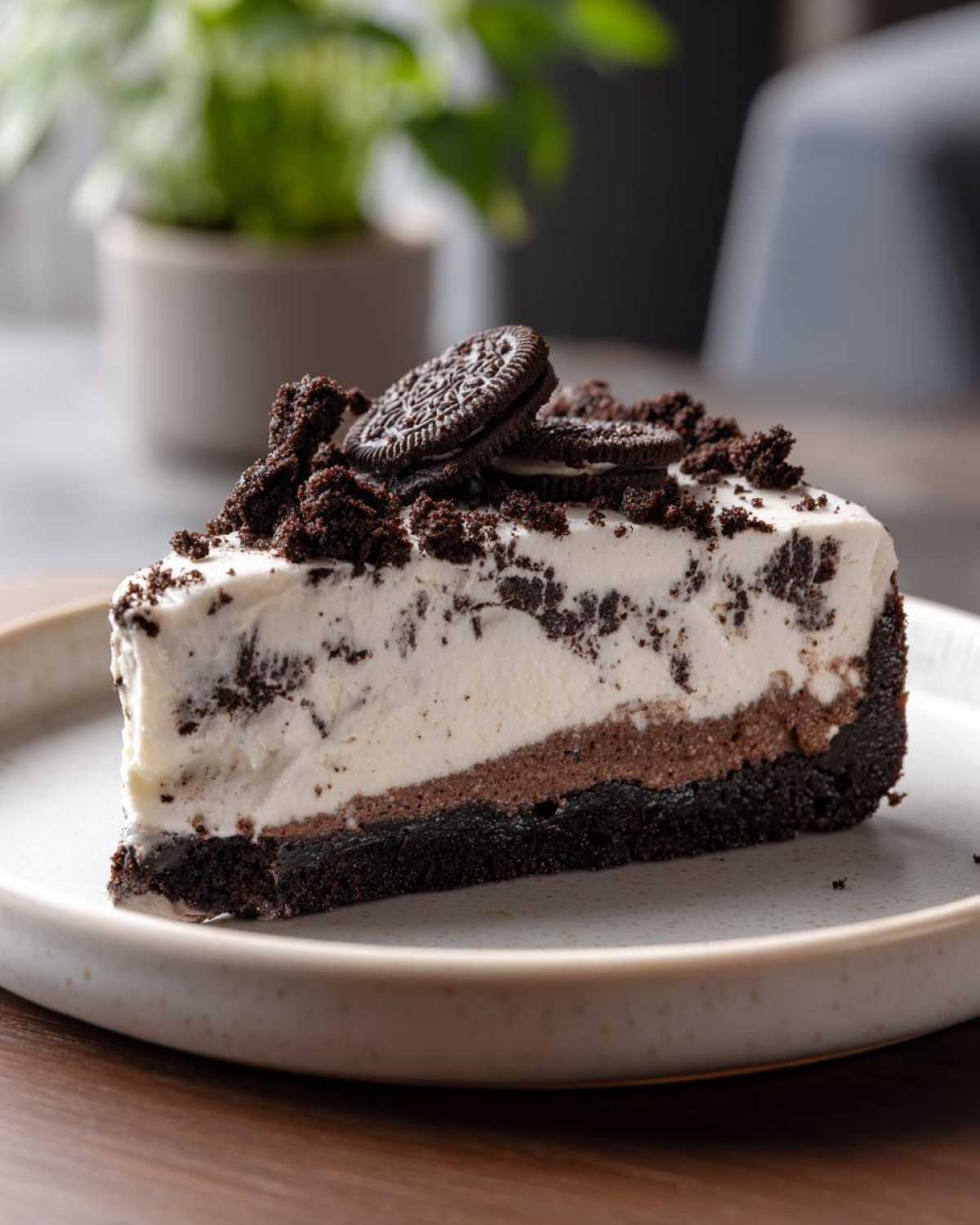 A decadent slice of no-bake Oreo cheesecake featuring a thick Oreo crust, creamy filling, and topped with crushed cookies and whole Oreos.