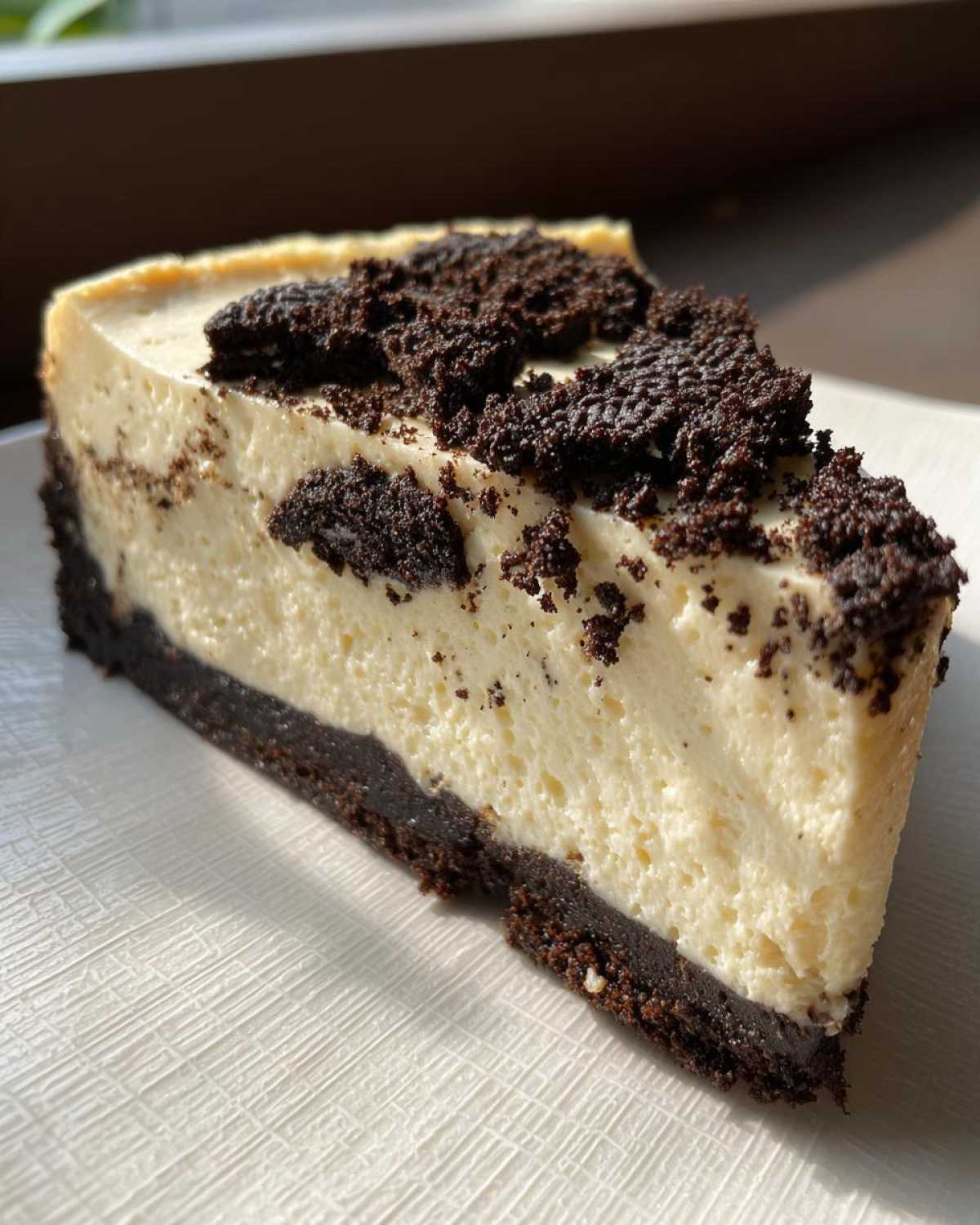 A close-up slice of creamy no-bake Oreo cheesecake featuring a dark chocolate crust and crumbled Oreo topping.
