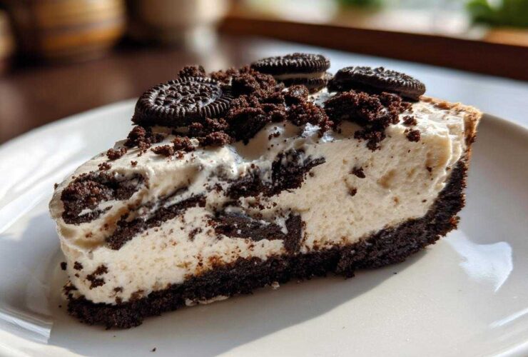 Close-up of a decadent slice of no-bake Oreo cheesecake showing the creamy filling and dark cookie crust.