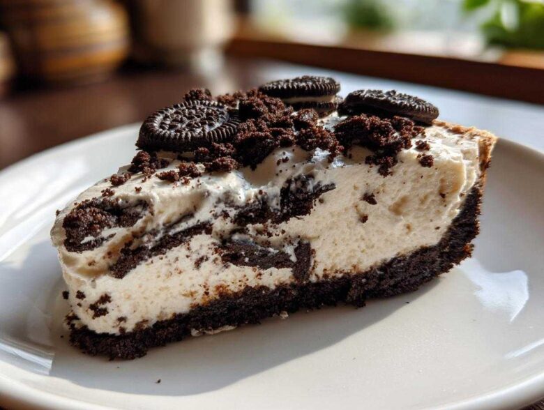 Close-up of a decadent slice of no-bake Oreo cheesecake showing the creamy filling and dark cookie crust.