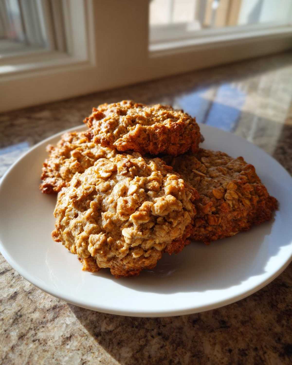 A stack of four golden brown, oatmeal-rich breakfast cookie treats resting on a white plate near a sunny window.