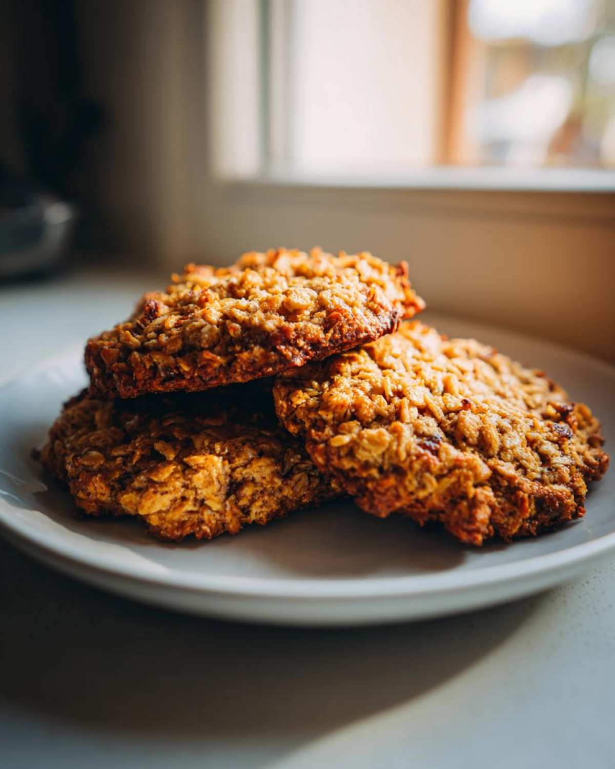 Three golden, textured oatmeal breakfast cookie stacked on a white plate near a window.