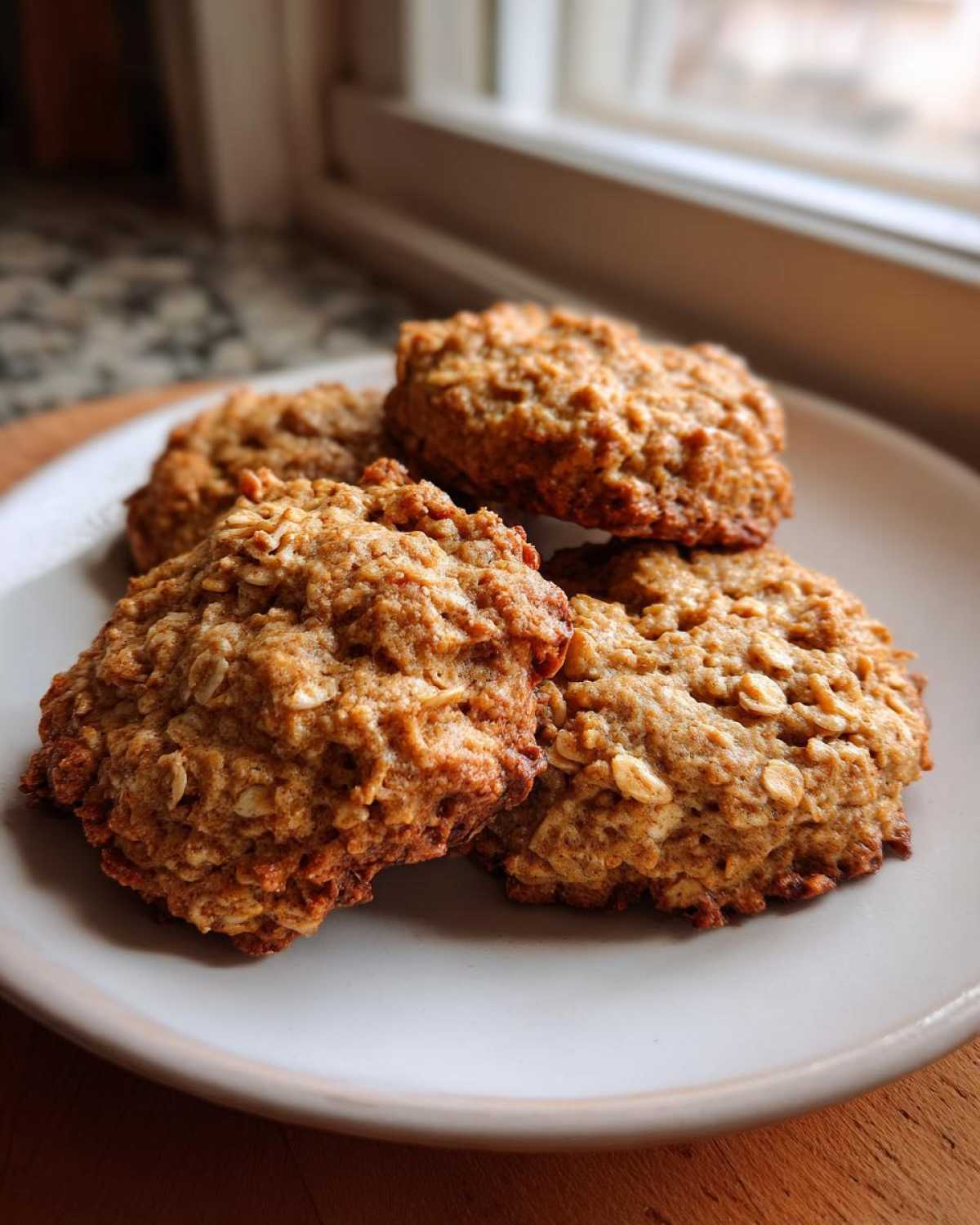 A close-up of four golden brown, textured breakfast cookie treats stacked slightly on a light plate near a window.