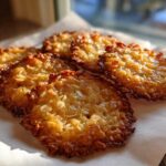 A close-up of several golden brown oatmeal lace cookies resting on parchment paper.