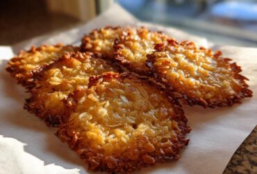 A close-up of several golden brown oatmeal lace cookies resting on parchment paper.