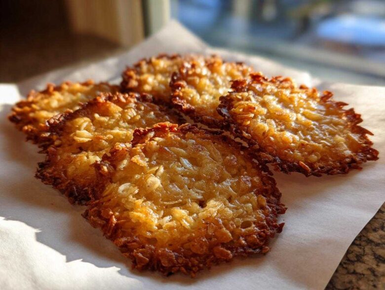 A close-up of several golden brown oatmeal lace cookies resting on parchment paper.
