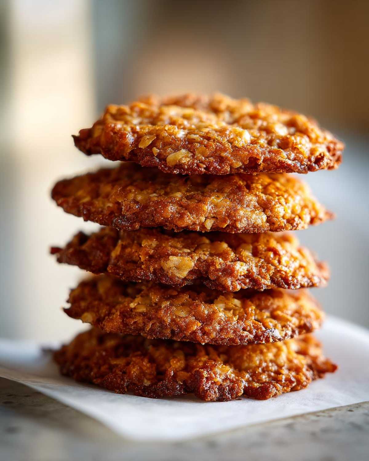 A close-up stack of four golden brown, lacy oatmeal lace cookies resting on parchment paper.