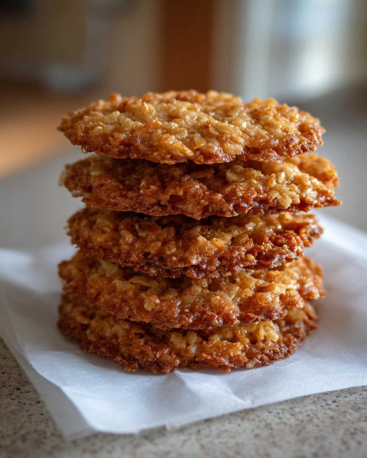 A stack of four golden brown, crispy oatmeal lace cookies resting on white parchment paper.