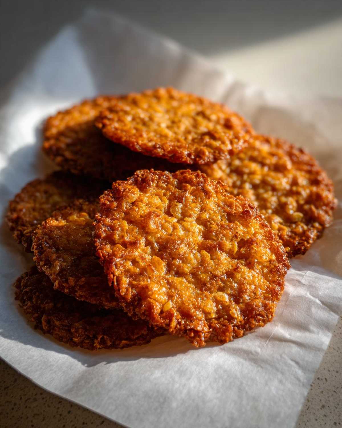 A close-up stack of golden brown, crispy oatmeal lace cookies resting on white parchment paper.