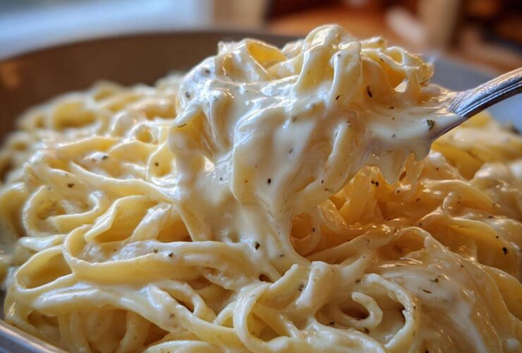 Close-up of fettuccine pasta generously coated in creamy Olive Garden Alfredo Sauce being lifted by a fork.