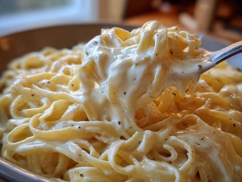 Close-up of fettuccine pasta generously coated in creamy Olive Garden Alfredo Sauce being lifted by a fork.