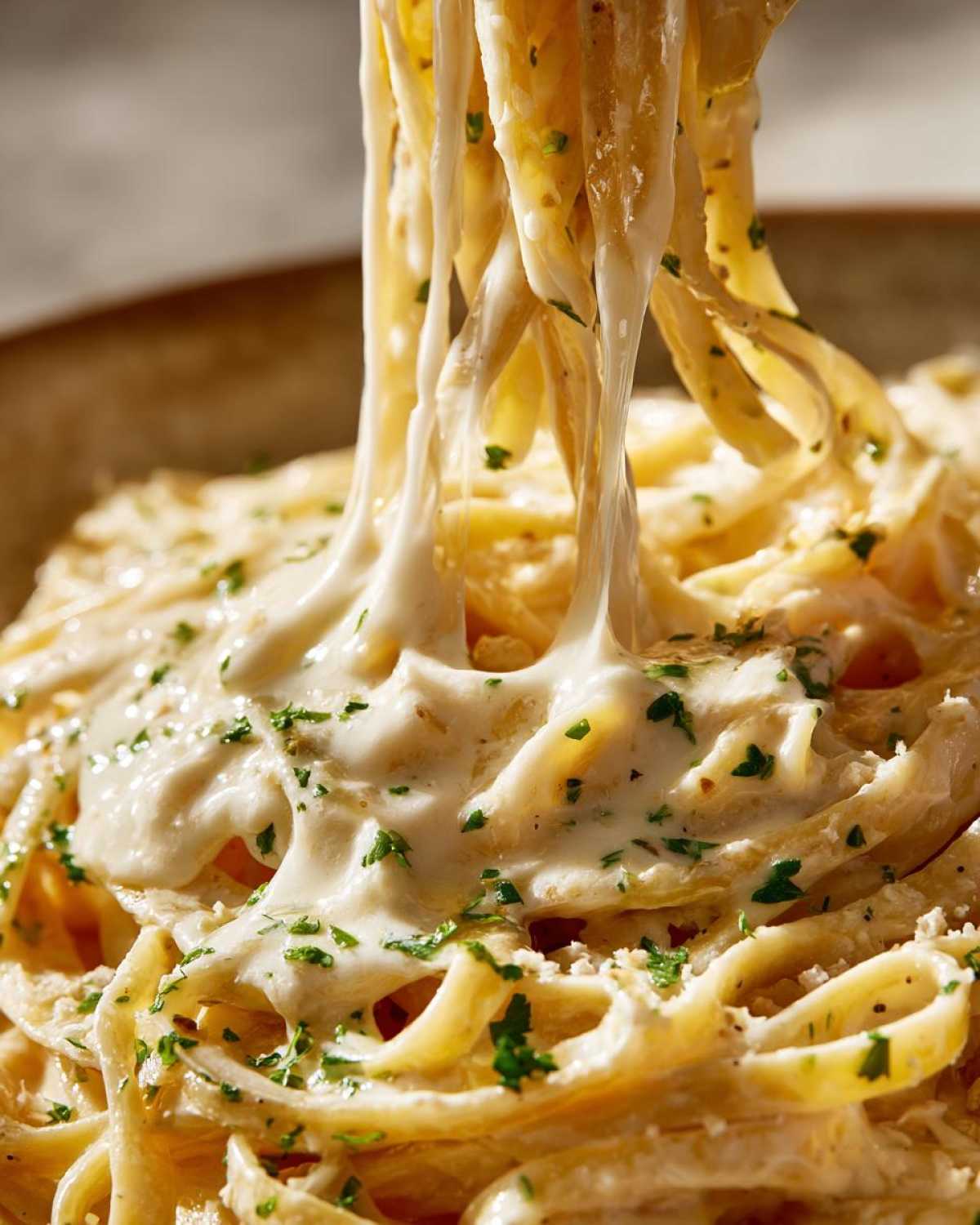 Close-up of fettuccine pasta coated in rich Olive Garden Alfredo Sauce being lifted, showing a creamy, cheesy stretch.