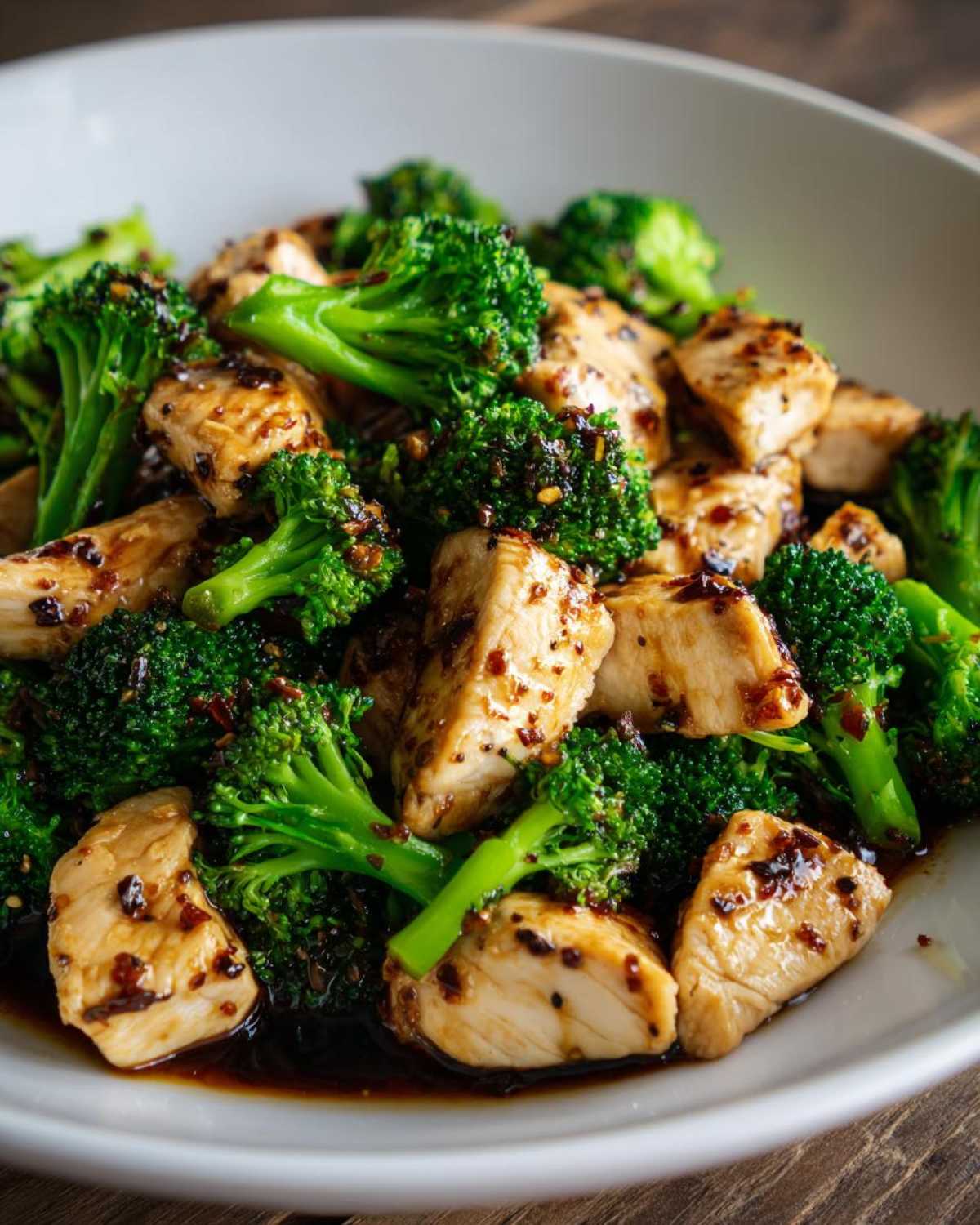 Close-up of bite-sized chicken pieces mixed with vibrant green broccoli florets coated in a savory sauce, perfect for chicken and broccoli recipes.