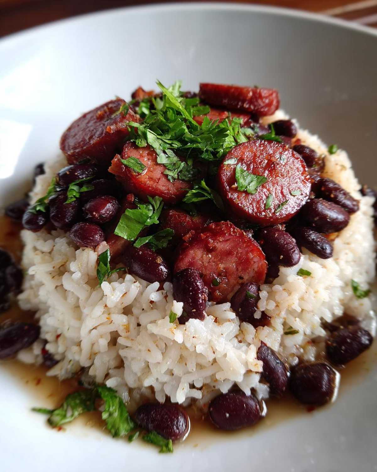 A close-up of a serving of white rice topped with dark red kidney beans, sliced smoked sausage, and fresh parsley, representing black beans and rice.