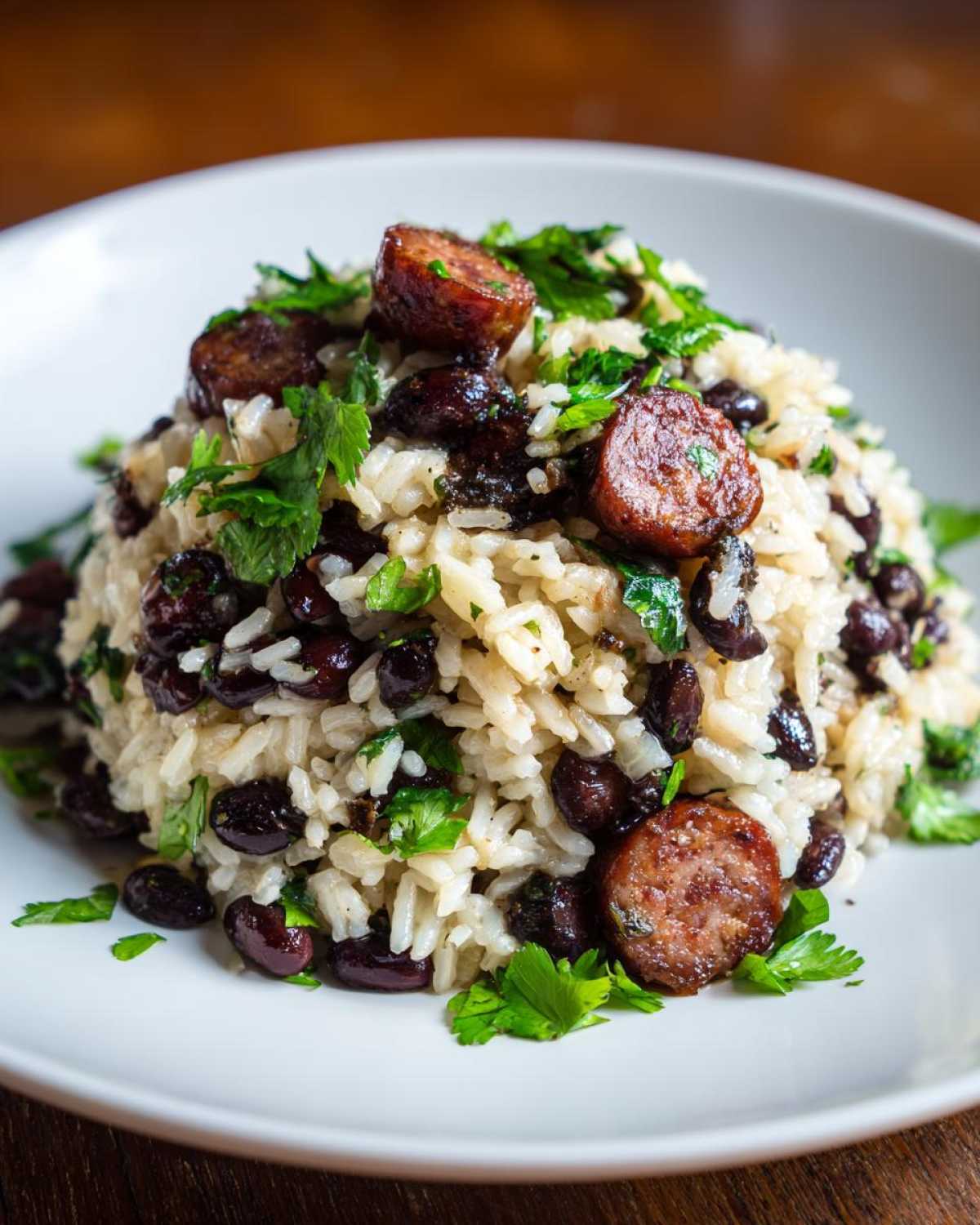 A close-up of a mound of savory black beans and rice mixed together, topped with sliced sausage and fresh parsley.