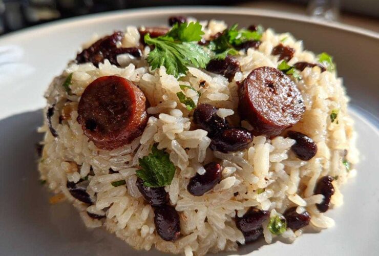 Close-up of a molded serving of seasoned black beans and rice mixed with slices of sausage and garnished with cilantro.