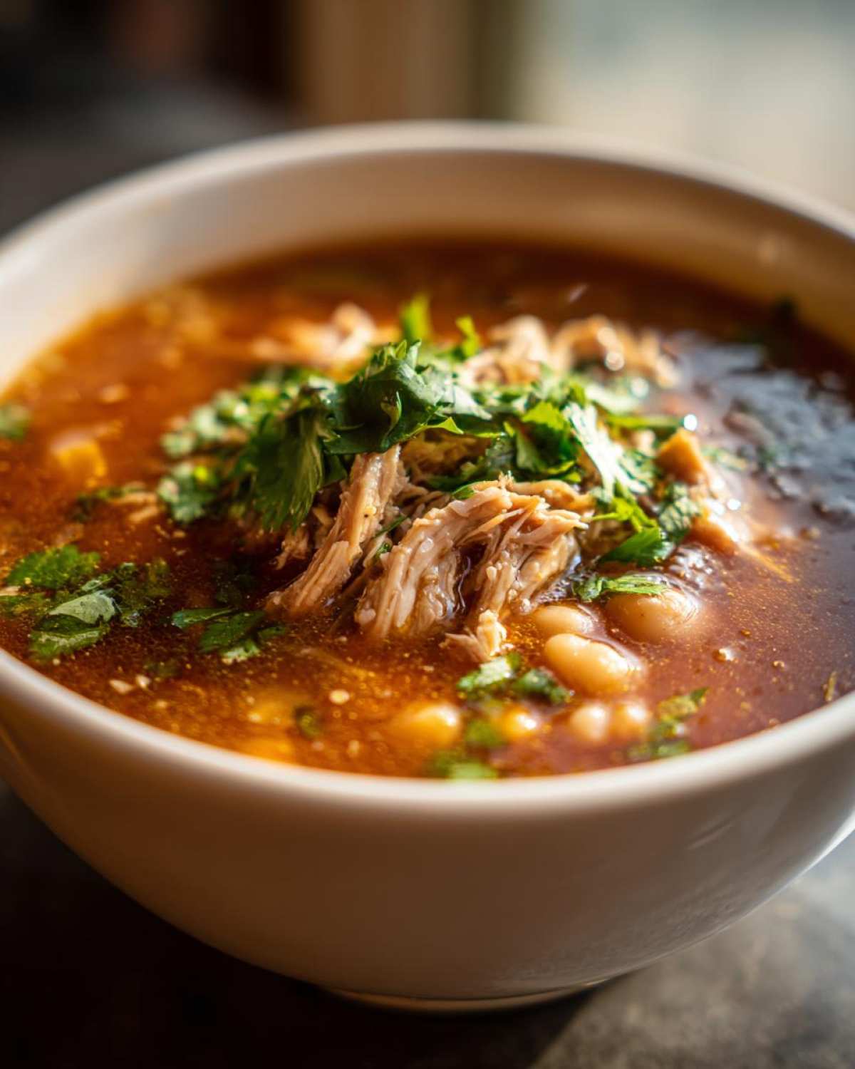 A close-up of a hearty bowl of rich, red broth chicken pozole topped with shredded chicken and fresh cilantro.
