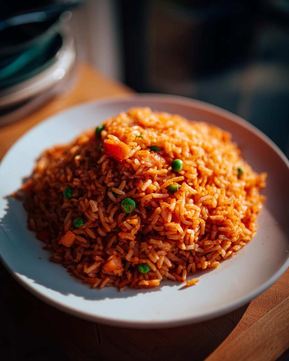 A mound of vibrant orange Spanish rice mixed with green peas and diced carrots served on a white plate.