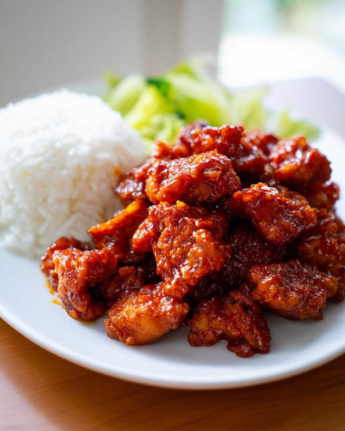 Close-up of crispy orange chicken recipe pieces coated in sticky sauce next to white rice and steamed broccoli.