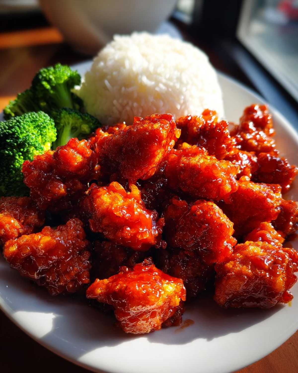 Close-up of crispy, glazed orange chicken served with steamed white rice and bright green broccoli florets.