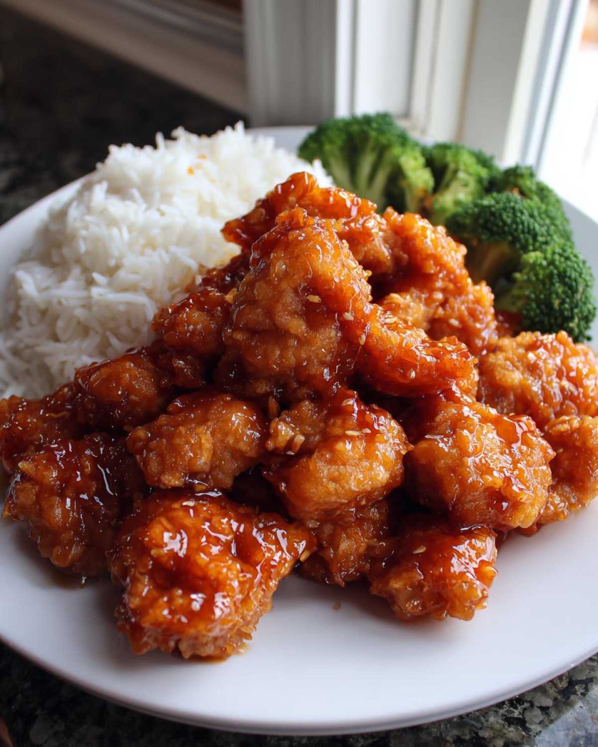 A close-up of a plate featuring crispy, glazed orange chicken recipe served with white rice and steamed broccoli florets.