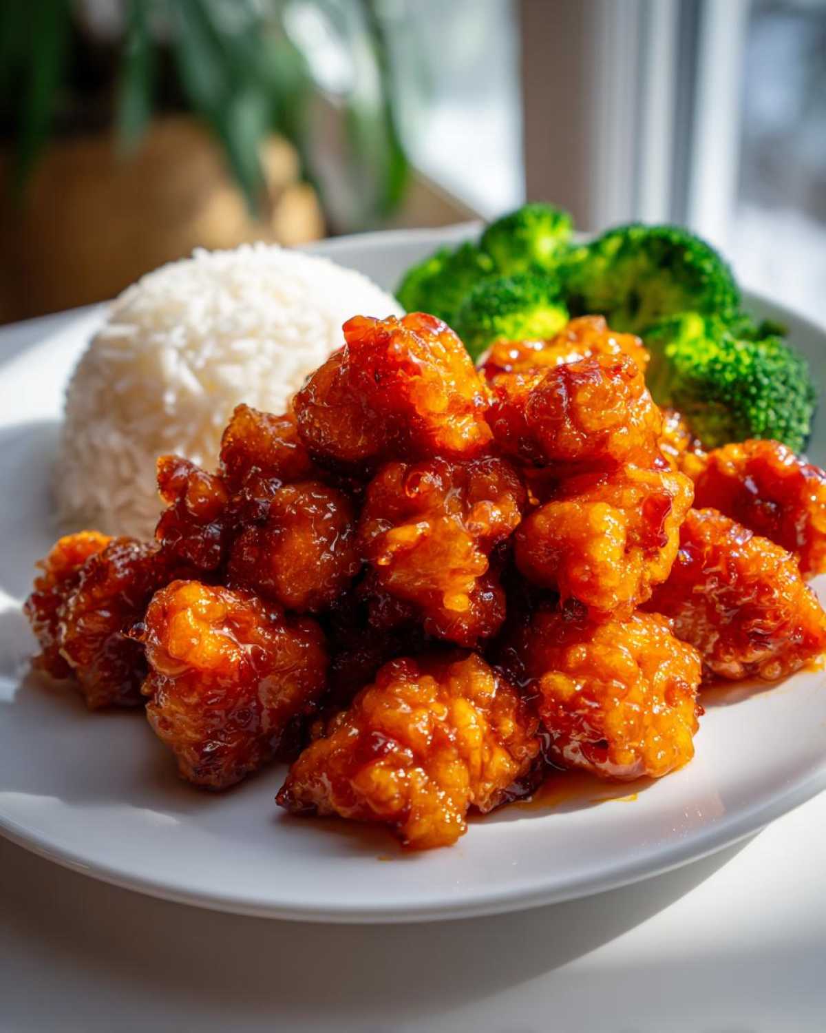 A close-up of crispy, glazed pieces of orange chicken recipe served with white rice and steamed broccoli.