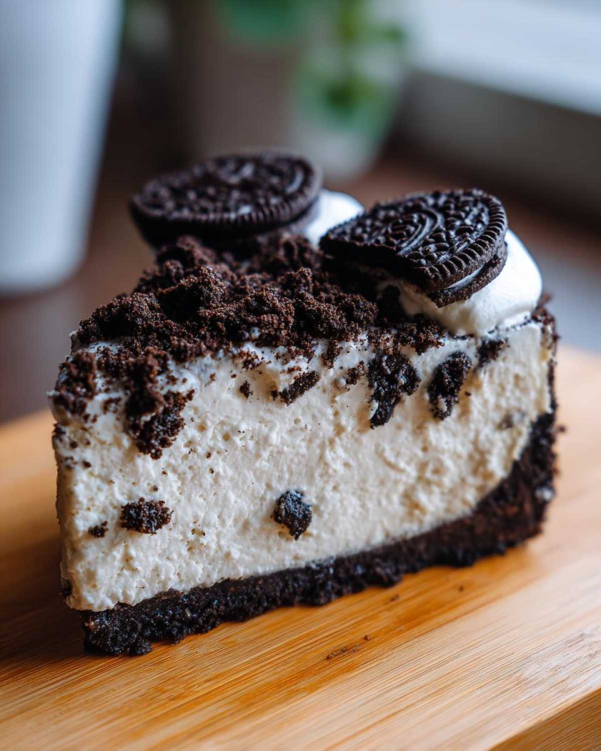 A decadent slice of no-bake Oreo cheesecake featuring a dark crust, creamy filling, and Oreo cookie crumble topping.