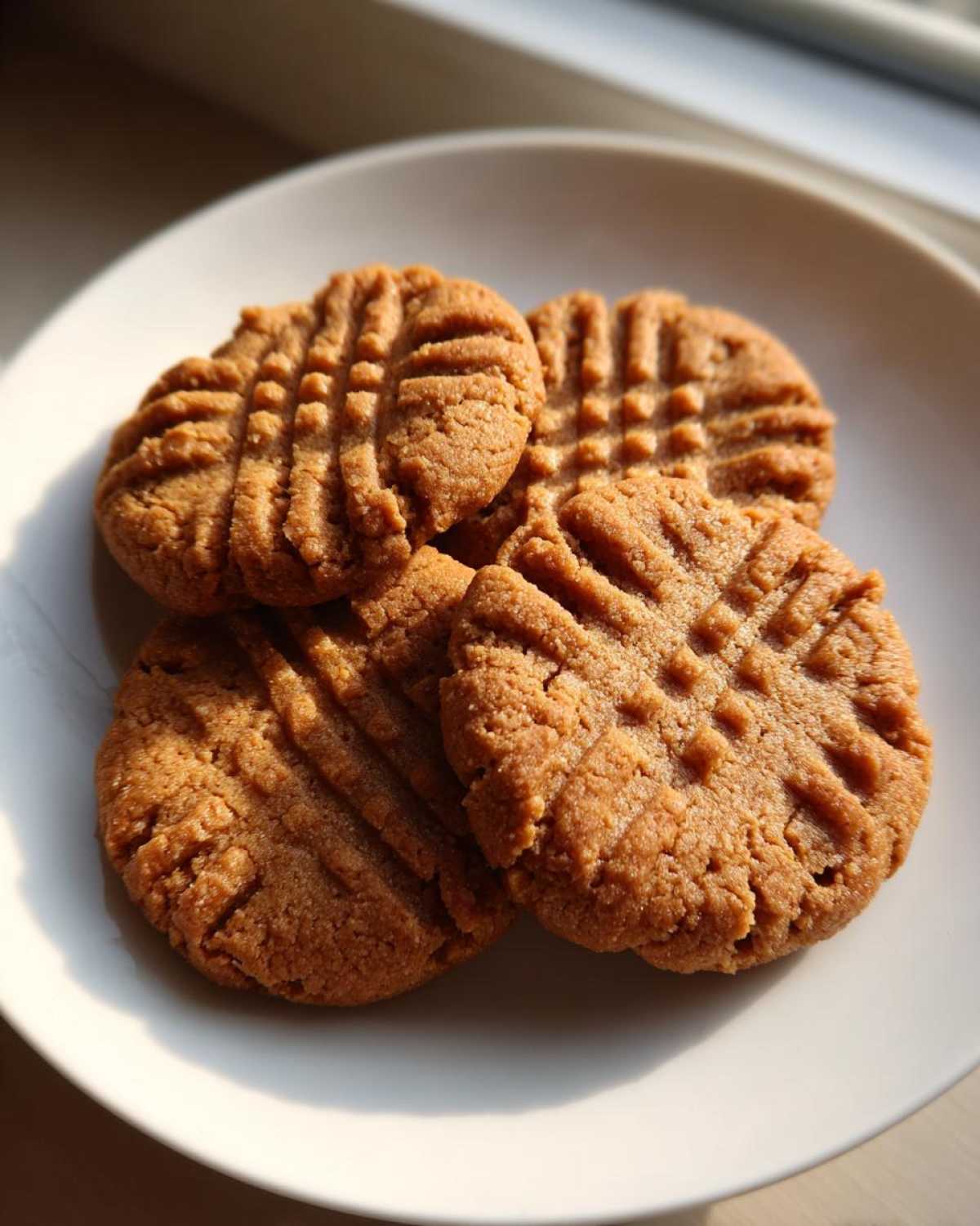 Close-up of four golden brown peanut butter cookies with classic crisscross fork marks on a white plate.