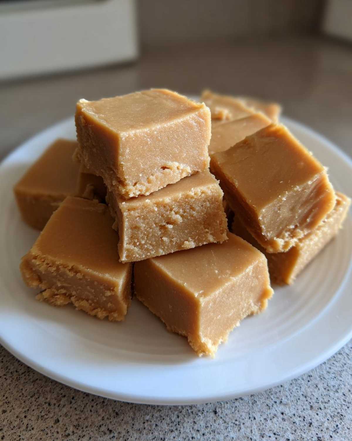 A stack of light brown, square-cut pieces of creamy penuche fudge piled on a white plate.