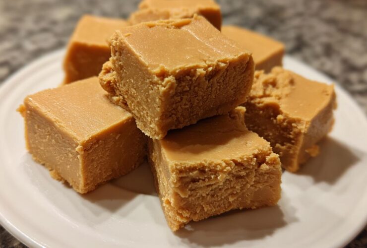 Close-up of several squares of creamy, light brown penuche fudge stacked on a white plate.