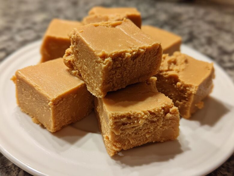 Close-up of several squares of creamy, light brown penuche fudge stacked on a white plate.