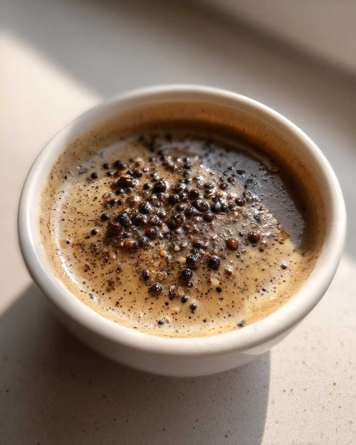 A close-up of creamy peppercorn sauce topped generously with whole black peppercorns in a small white bowl.
