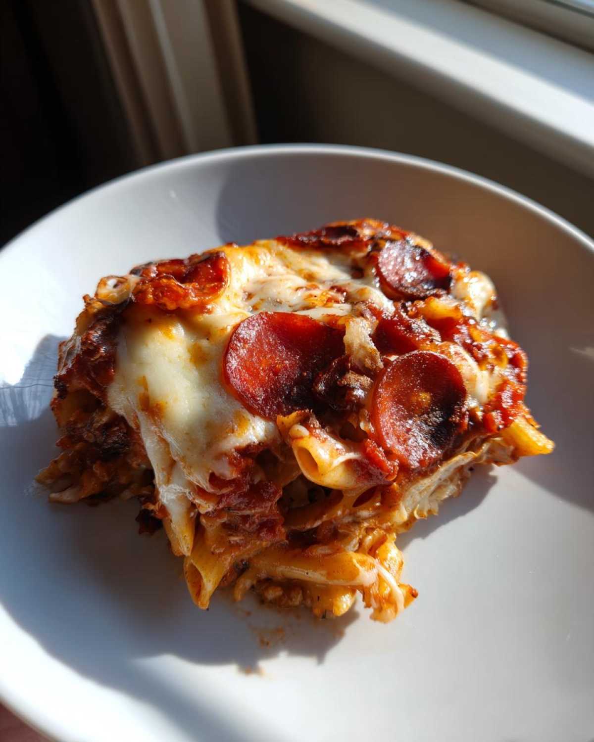 A slice of cheesy, baked pizza pasta topped with melted mozzarella and crispy pepperoni.