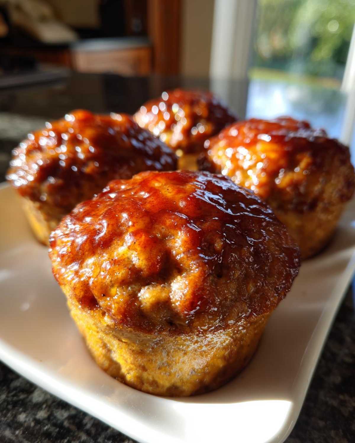 Four perfectly baked mini meatloaf portions, topped with a shiny, rich glaze, resting on a white serving dish.