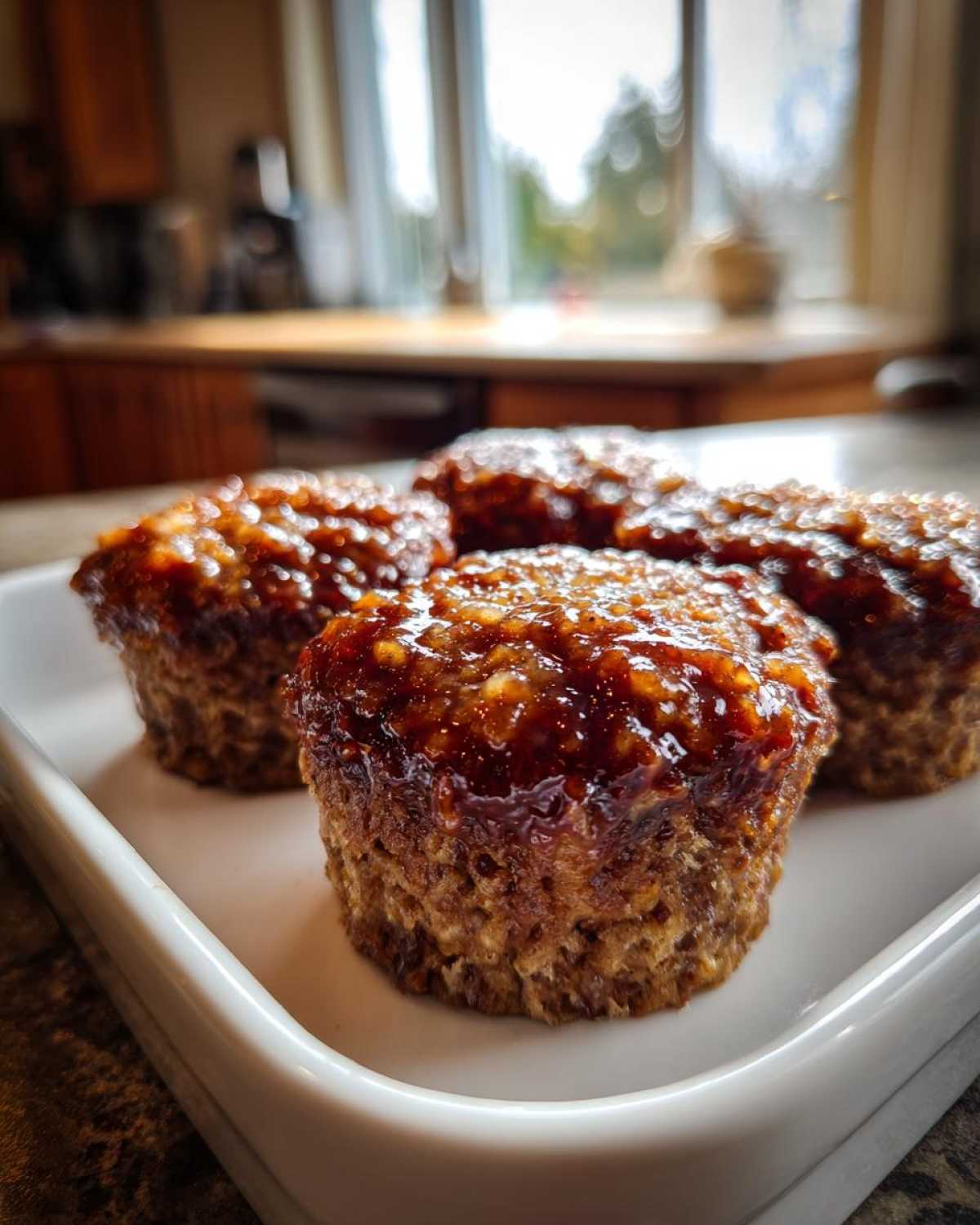 Four perfectly baked mini meatloaf portions topped with a thick, shiny brown glaze, resting on a white rectangular dish.