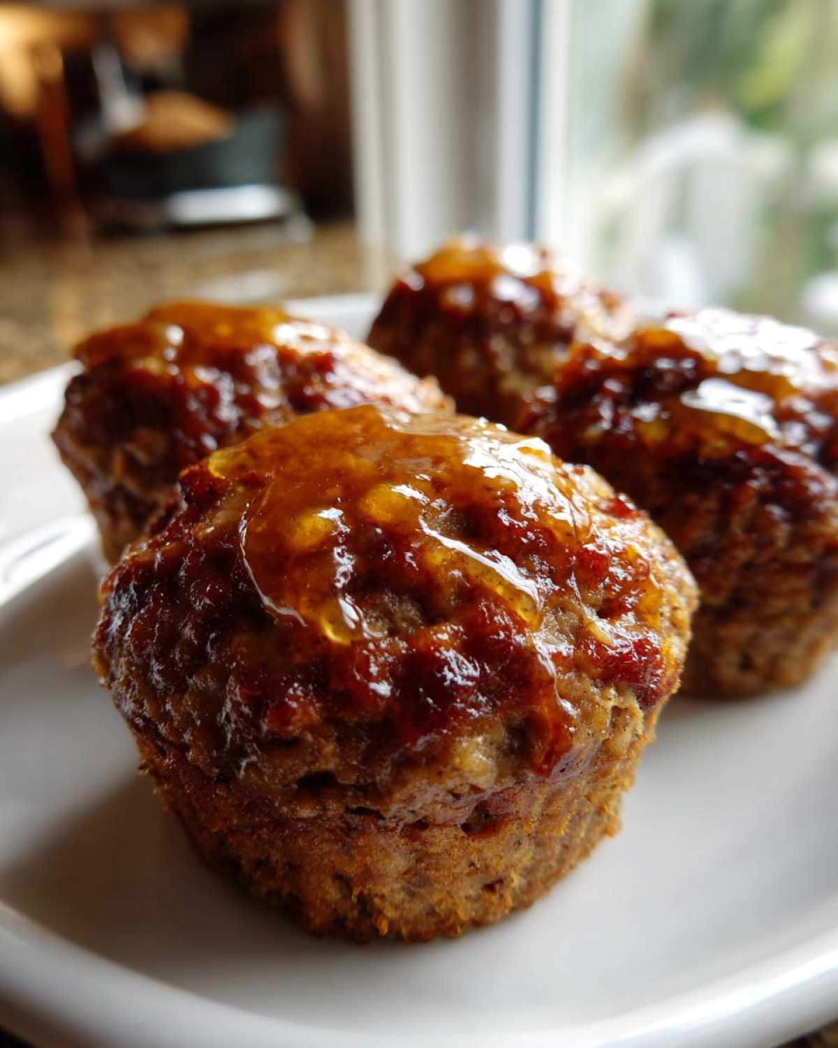 Four perfectly baked mini meatloaf portions topped with a shiny, amber-colored glaze, resting on a white plate.