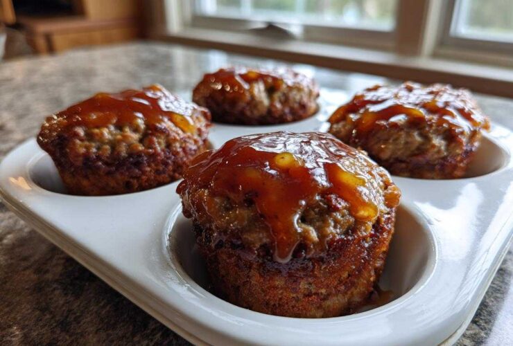 Four perfectly baked mini meatloaf portions topped with a shiny, amber glaze, resting in a white muffin tin.
