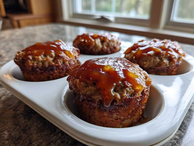 Four perfectly baked mini meatloaf portions topped with a shiny, amber glaze, resting in a white muffin tin.