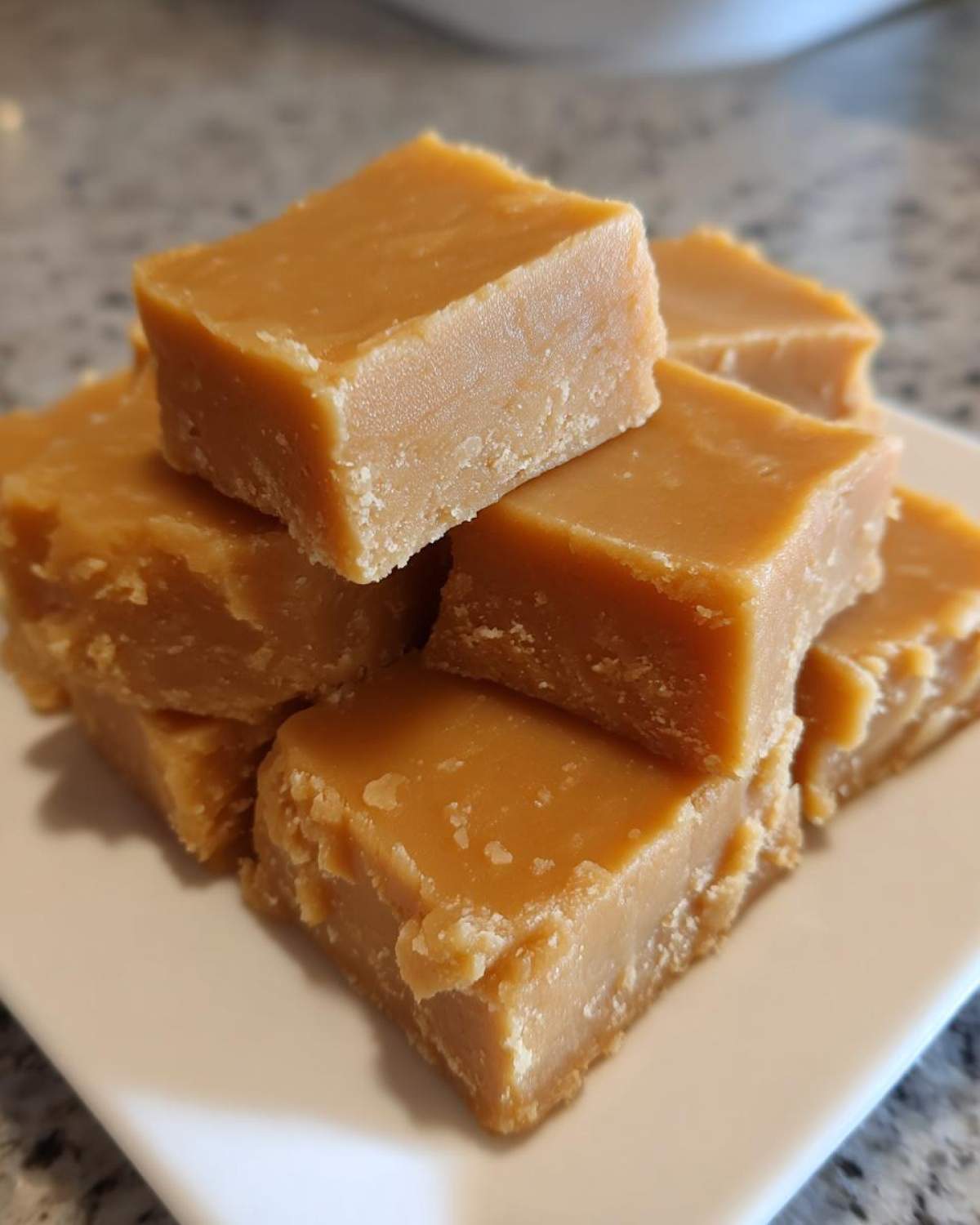 A stack of rich, caramel-colored squares of homemade penuche fudge resting on a white plate.
