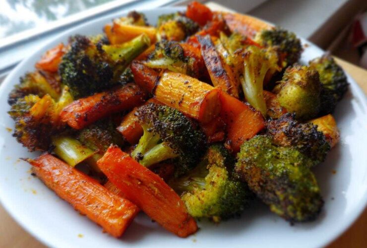 A white plate piled high with perfectly roasted vegetables, featuring charred broccoli florets and bright orange carrots.