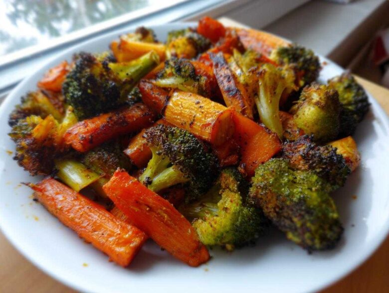 A white plate piled high with perfectly roasted vegetables, featuring charred broccoli florets and bright orange carrots.